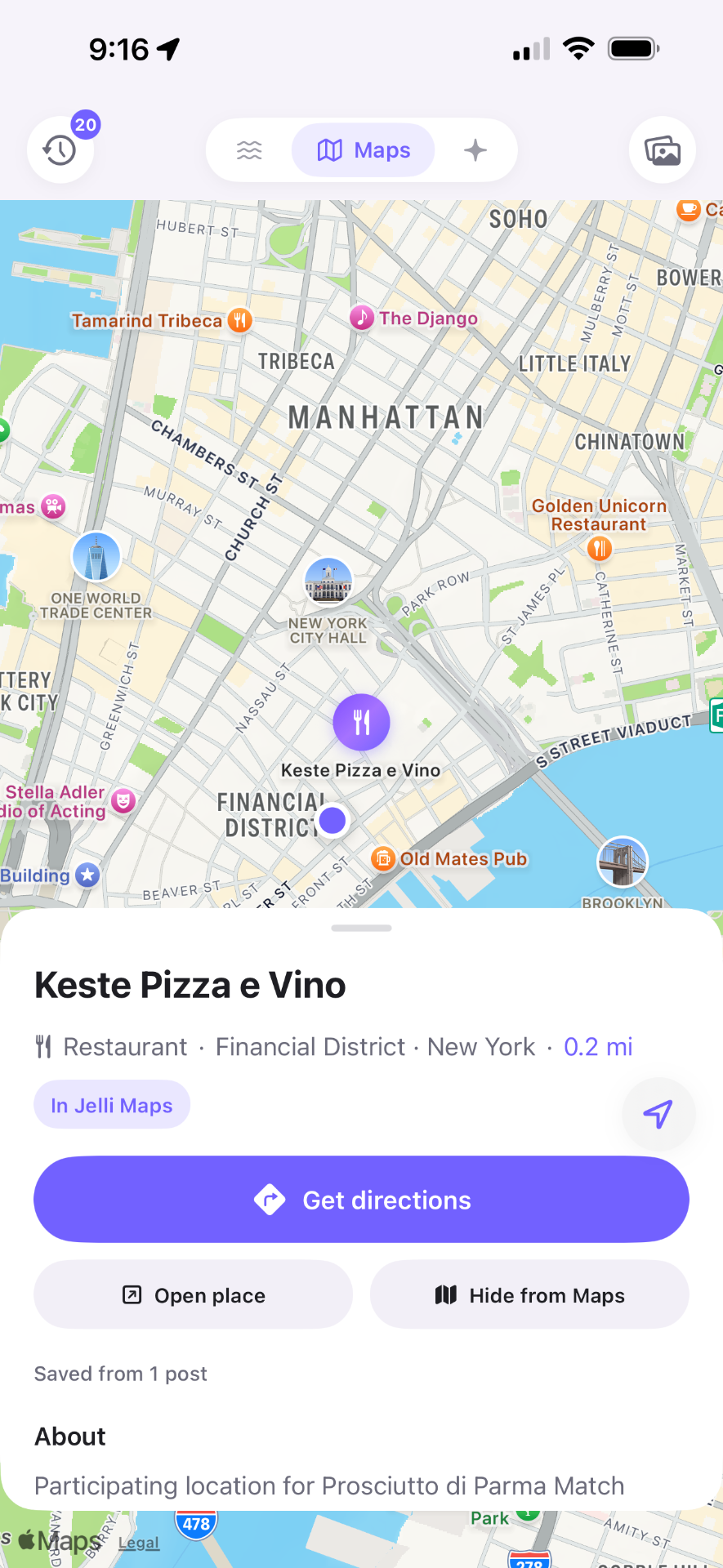 Jelli Maps tab showing saved places