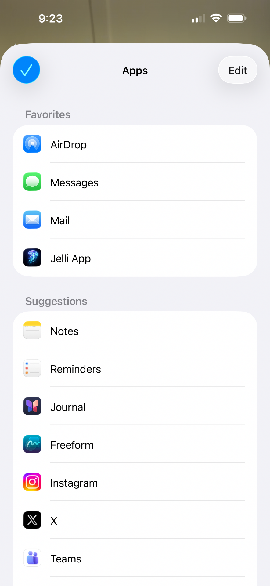 iOS Apps share sheet showing the More list with Jelli