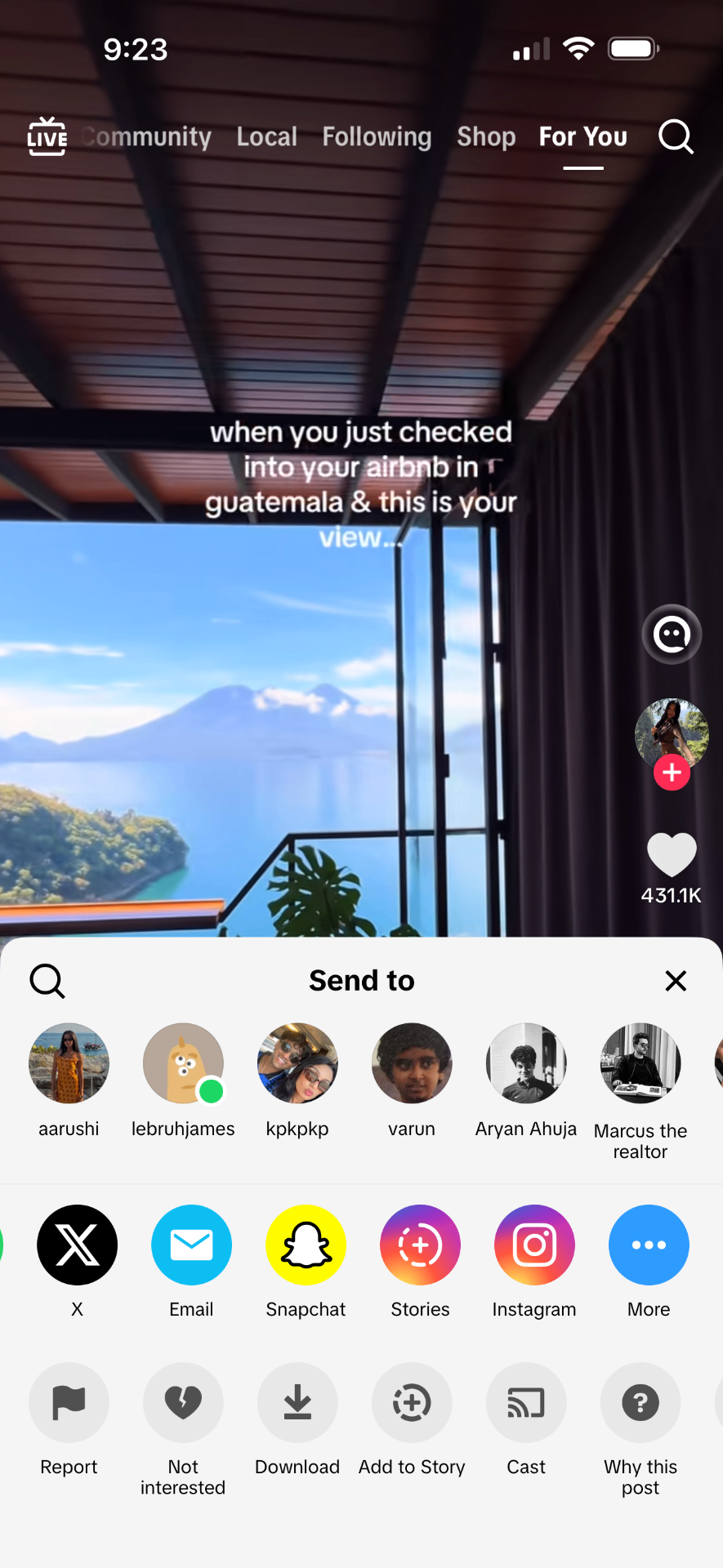 TikTok share sheet open on a video